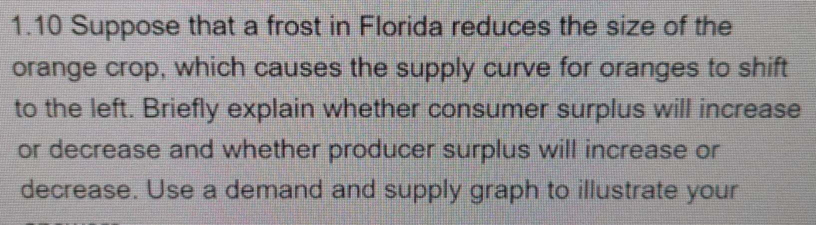 1.10 Suppose that a frost in Florida reduces the size of the 
orange crop, which causes the supply curve for oranges to shift 
to the left. Briefly explain whether consumer surplus will increase 
or decrease and whether producer surplus will increase or 
decrease. Use a demand and supply graph to illustrate your