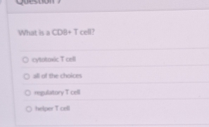 What is a CDB+T cell?
cytotoxic T cell
all of the choices
regulatory T cell
helper T cell