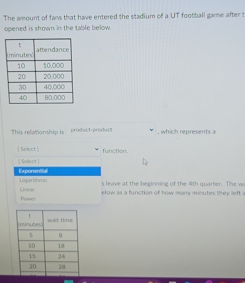 The amount of fans that have entered the stadium of a UT football game after t
opened is shown in the table below.
This relationship is product-product , which represents a
[ Select ] function.
[ Select ]
Exponential
Logarithmic s leave at the beginning of the 4th quarter. The wa
Linear elow as a function of how many minutes they left a
Power