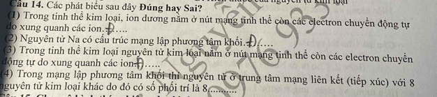 Cầu 14. Các phát biểu sau đây Đúng hay Sai? 
(1) Trong tinh thể kim loại, ion đương nằm ở nút mạng tinh thể còn các electron chuyền động tự 
do xung quanh các ion. ... 
(2) Nguyên tử Na có cấu trúc mạng lập phương tâm khối. .). 
(3) Trong tinh thể kim loại nguyên tử kim loại nằm ở nút mạng tinh thể còn các electron chuyền 
động tự do xung quanh các ion 
(4) Trong mạng lập phương tâm khối thi nguyên tử ở trung tâm mạng liên kết (tiếp xúc) với 8
nguyên tử kim loại khác do đó có số phối trí là 8