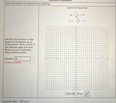 systems of Equations
Solve the system of equations by graphing.
System of Equations
y= 5/6 x+8
y=- 4/3 x-5
Identify the Solution to the
System of Equations as an
Ordered Pair. Write DNE if
the Solution does not exist.
Write oo (∞) if infinitely
many solutions exist:
Solution: 9 
Invalid notation.
Clear All Draw:
Question Help: Video