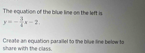 The equation of the blue line on the left is
y=- 3/4 x-2. 
Create an equation parallel to the blue line below to 
share with the class.