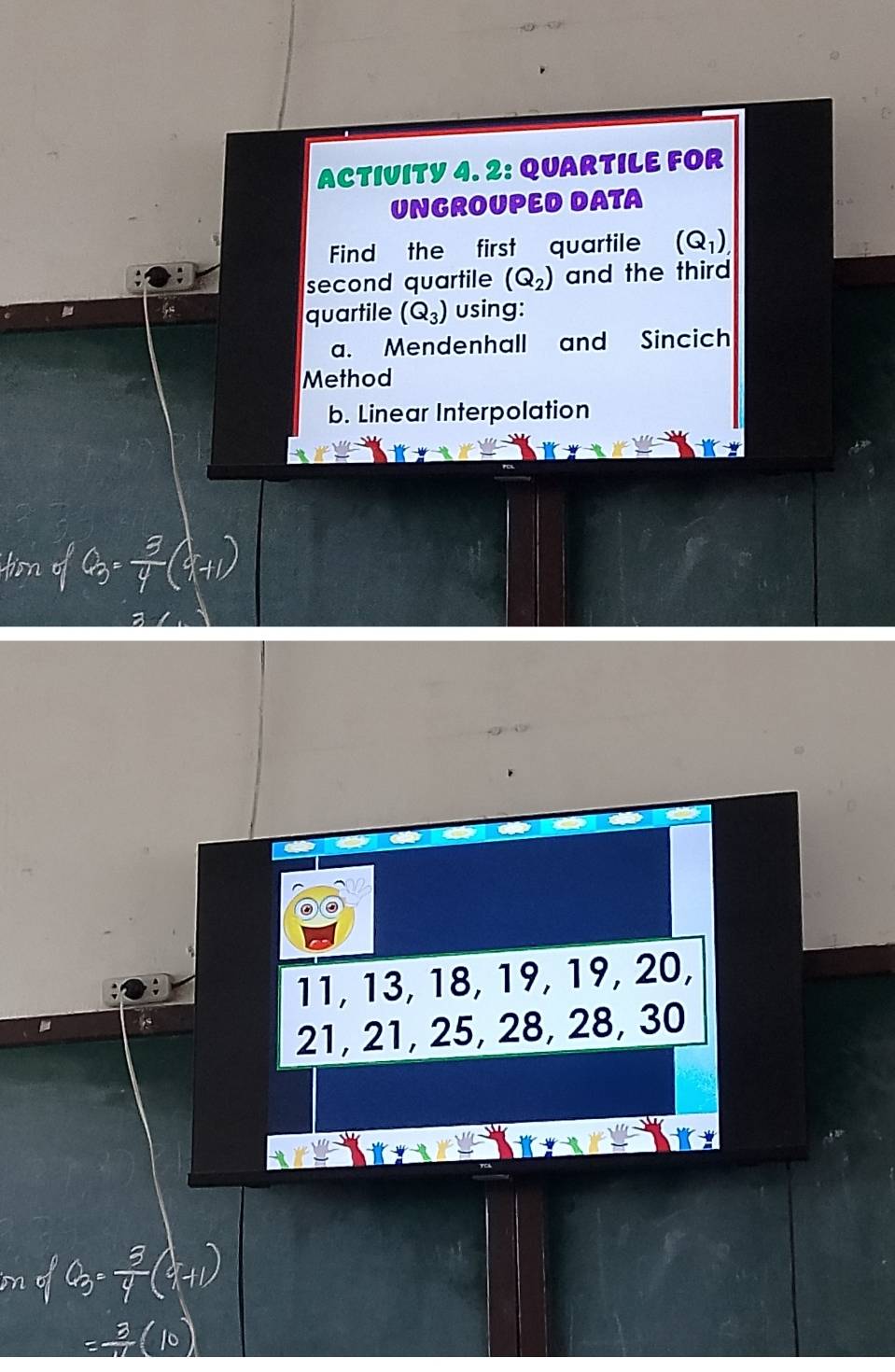 ACTIVITY 4. 2: QUARTILE FOR 
UNGROUPED DATA 
Find the first quartile (Q_1), 
second quartile (Q_2) and the third 
quartile (Q_3) using: 
a. Mendenhall and Sincich 
Method 
b. Linear Interpolation
11, 13, 18, 19, 19, 20,
21, 21, 25, 28, 28, 30