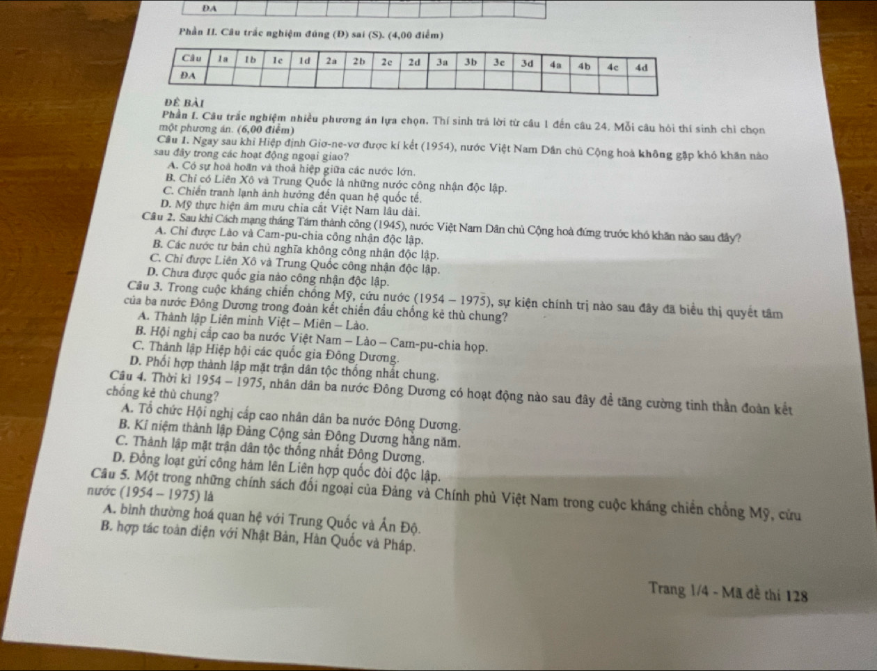 DA
Phần II. Câu trắc nghiệm đúng (Đ) sai (S). (4,00 điểm)
Phần 1. Câu trắc nghiệm nhiều phương án lựa chọn. Thí sinh trả lời từ câu 1 đến câu 24, Mỗi câu hôi thí sinh chỉ chọn
một phương án. (6,00 điểm)
Cầu 1. Ngay sau khi Hiệp định Giơ-ne-vơ được kí kết (1954), nước Việt Nam Dân chủ Cộng hoà không gặp khó khân nào
sau đây trong các hoạt động ngoại giao?
A. Có sự hoà hoãn và thoả hiệp giữa các nước lớn.
B. Chỉ có Liên Xô và Trung Quốc là những nước công nhận độc lập.
C. Chiến tranh lạnh ảnh hưởng đến quan hệ quốc tế.
D. Mỹ thực hiện âm mưu chia cắt Việt Nam lâu dài.
Cầu 2. Sau khi Cách mạng tháng Tám thành công (1945), nước Việt Nam Dân chủ Cộng hoà đứng trước khó khăn nào sau đây?
A. Chi được Lào và Cam-pu-chia công nhận độc lập.
B. Các nước tư bản chủ nghĩa không công nhận độc lập.
C. Chỉ được Liên Xô và Trung Quốc công nhận độc lập.
D. Chưa được quốc gia nào công nhận độc lập.
Câu 3. Trong cuộc kháng chiến chống Mỹ, cứu nước (1954 - 1975), sự kiện chính trị nào sau đây đã biểu thị quyết tâm
của ba nước Đông Dương trong đoàn kết chiến đầu chống kẻ thù chung?
A. Thành lập Liên minh Việt - Miên - Lào.
B. Hội nghị cấp cao ba nước Việt Nam - Lào - Cam-pu-chia họp.
C. Thành lập Hiệp hội các quốc gia Đông Dương.
D. Phối hợp thành lập mặt trận dân tộc thống nhất chung.
Câu 4. Thời kì 1954 - 1975 5, nhân dân ba nước Đông Dương có hoạt động nào sau đây đề tăng cường tinh thần đoàn kết
chống kẻ thù chung?
A. Tổ chức Hội nghị cấp cao nhân dân ba nước Đông Dương.
B. Kỉ niệm thành lập Đảng Cộng sản Động Dương hằng năm.
C. Thành lập mặt trận dân tộc thống nhất Đông Dương.
D. Đồng loạt gửi công hàm lên Liên hợp quốc đòi độc lập.
Câu 5. Một trong những chính sách đối ngoại của Đảng và Chính phủ Việt Nam trong cuộc kháng chiến chống Mỹ, cửu
nước (1954 - 1975) là
A. bình thường hoá quan hệ với Trung Quốc và Ấn Độ.
B. hợp tác toàn diện với Nhật Bản, Hàn Quốc và Pháp.
Trang 1/4 - Mã đề thí 128