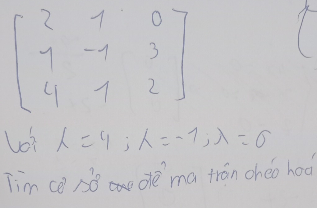 beginbmatrix 2&1&0 1&-1&3 4&1&2endbmatrix
lot lambda =4; lambda =-1; lambda =0
Tim Ca) f(1) oe`ma trán oheo hod