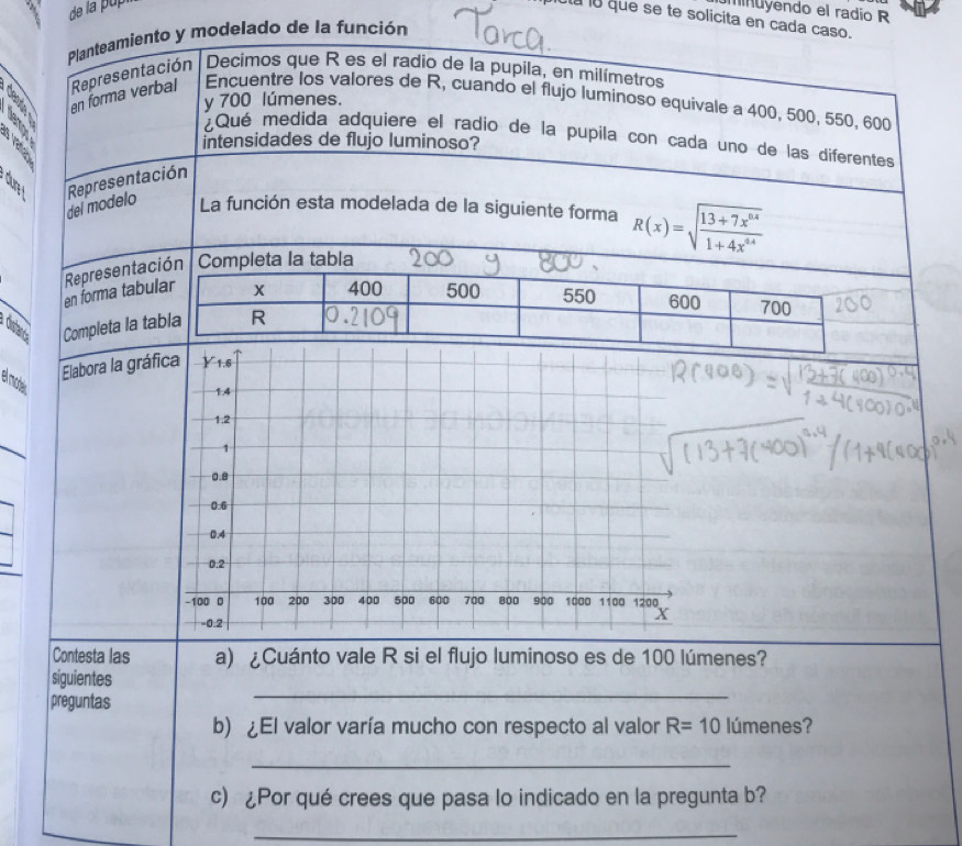 de la  u  minuyendo el radio R
icta lo que se te solicita en cada caso.
Planteamiento y modelado de la función
en forma verbal Representación Decimos que R es el radio de la pupila, en milímetros
Encuentre los valores de R, cuando el flujo luminoso equivale a 400, 500, 550, 600
y 700 lúmenes.
a  
¿Qué medida adquiere el radio de la pupila con cada uno de las diferentes
8 
intensidades de flujo luminoso?
B Representación
del modelo La función esta modelada de la siguiente forma R(x)=sqrt(frac 13+7x^(64))1+4x^(64)
en forma tabular Representación Completa la tabla
x 400 500 550 600 700
distanc Completa la tabla R
Elabora la gráf
el mosél
_
Contesta las a) ¿Cuánto vale R si el flujo luminoso es de 100 lúmenes?
_
siguientes
preguntas
b) ¿El valor varía mucho con respecto al valor R=10 lúmenes?
_
c) ¿Por qué crees que pasa lo indicado en la pregunta b?
_