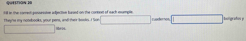 Fill in the correct possessive adjective based on the context of each example. 
They're my notebooks, your pens, and their books. / Son cuadernos, bolígrafos y
a_1,x_2, ·s x_n libros.