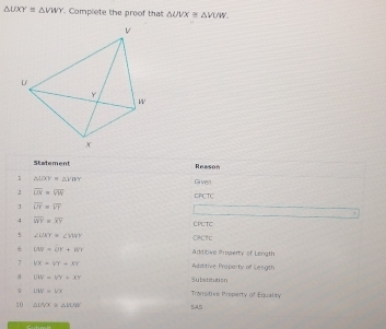 △ UXY≌ △ VWY. Complete the proof that △ UVX≌ △ VUW. 
Statement Reason 
1 △ LOY≌ △ YHY Grven 
2 overline LK=overline VW EPCTC
overline UT=overline VT
4 overline MY=overline XY EPCTC 
s ∠ UXY≌ ∠ WVY CACIc 
6 LW=UY+WY Additwa Property of Length 
7 overline VX=VY+XY Additive Proparty of Length
GW=VY+XY Subatitution
UW=Vx Transitive Property of Equality 
10 △ UVX≌ △ IUW SAS