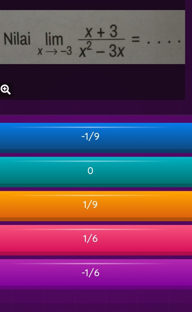 Nilai limlimits _xto -3 (x+3)/x^2-3x = _
④
-1/9
1/9
1/6
-1/6