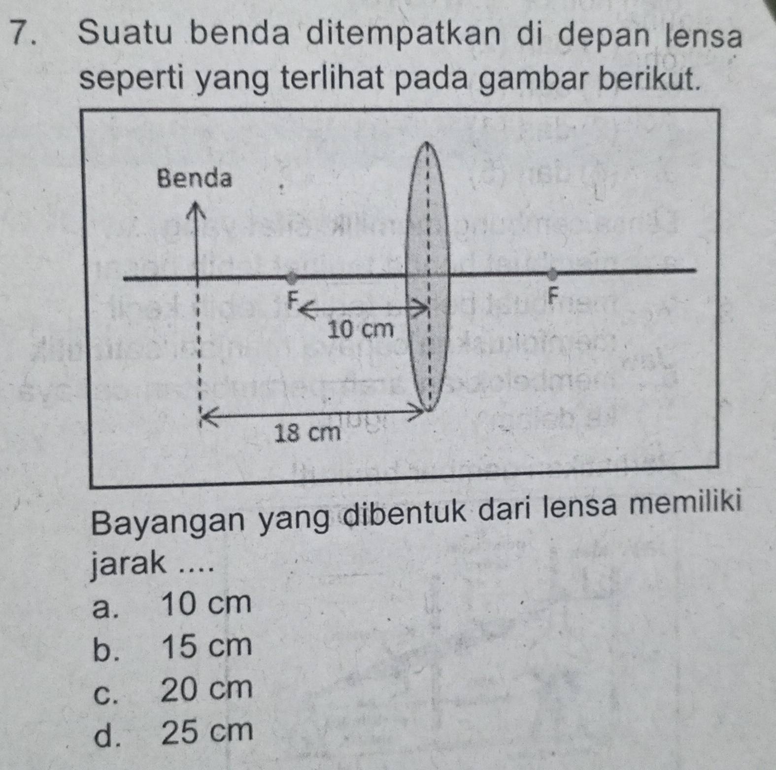 Suatu benda ditempatkan di depan lensa
seperti yang terlihat pada gambar berikut.
Bayangan yang dibentuk dari lensa memiliki
jarak ....
a. 10 cm
b. 15 cm
c. 20 cm
d. 25 cm