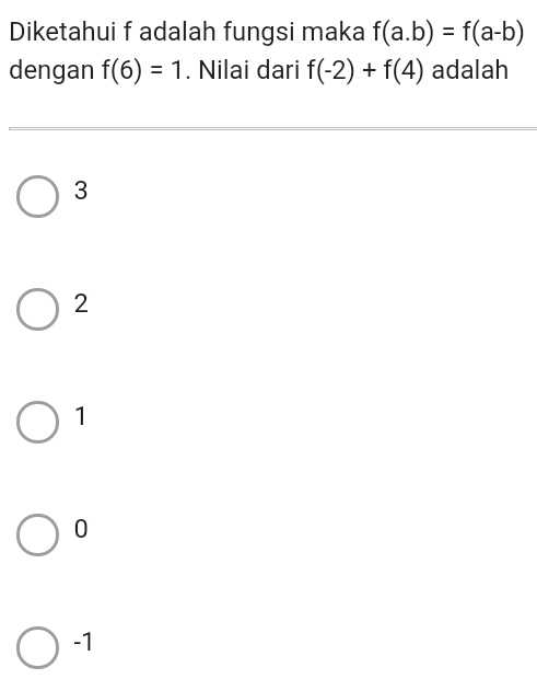 Diketahui f adalah fungsi maka f(a.b)=f(a-b)
dengan f(6)=1. Nilai dari f(-2)+f(4) adalah
3
2
1
0
-1