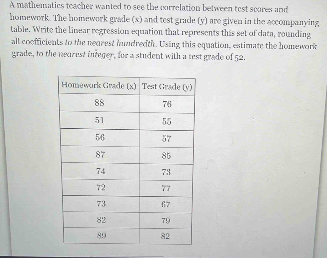 A mathematics teacher wanted to see the correlation between test scores and 
homework. The homework grade (x) and test grade (y) are given in the accompanying 
table. Write the linear regression equation that represents this set of data, rounding 
all coefficients to the nearest hundredth. Using this equation, estimate the homework 
grade, to the nearest integer, for a student with a test grade of; 32