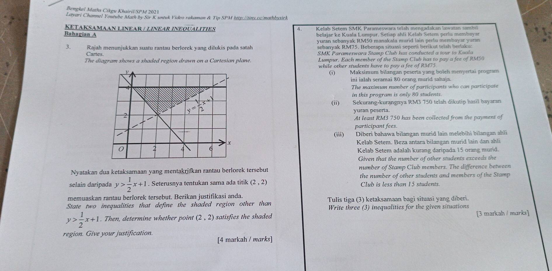 Bengkel Maths Cikgu Khairil/SPM 2021
Layari Channel Youtube Math by Sir K untuk Video rakaman & Tip SPM http://tiny.cc/mathbysirk
KETAKSAMAAN LINEAR / LINEAR INEQUALITIES 4. Kelab Setem SMK Parameswara telah mengadakan lawatan sambil
Bahagian A belajar ke Kuala Lumpur. Setiap ahli Kelab Setem perlu membayar
yuran sebanyak RM50 manakala murid lain perlu membayar yuran
3. Rajah menunjukkan suatu rantau berlorek yang dilukis pada satah sebanyak RM75. Beberapa situasi seperti berikut telah berlaku:
Cartes SMK Parameswara Stamp Club has conducted a tour to Kuala
The diagram shows a shaded region drawn on a Cartesian plane. Lumpur. Each member of the Stamp Club has to pay a fee of RM50
while other students have to pay a fee of RM75.
Maksimum bilangan peserta yang boleh menyertai program
(i)
ini ialah seramai 80 orang murid sahaja.
The maximum number of participants who can participate
in this program is only 80 students.
(ii) Sekurang-kurangnya RM3 750 telah dikutip hasil bayaran
yuran peserta.
At least RM3 750 has been collected from the payment of
participant fees.
(iii) Diberi bahawa bilangan murid lain melebihi bilangan ahli
Kelab Setem. Beza antara bilangan murid lain dan ahli
Kelab Setem adalah kurang daripada 15 orang murid.
Given that the number of other students exceeds the
Nyatakan dua ketaksamaan yang mentakrifkan rantau berlorek tersebut number of Stamp Club members. The difference between
the number of other students and members of the Stamp
selain daripada y> 1/2 x+1. Seterusnya tentukan sama ada titik (2,2) Club is less than 15 students.
memuaskan rantau berlorek tersebut. Berikan justifikasi anda.
Tulis tiga (3) ketaksamaan bagi situasi yang diberi.
State two inequalities that define the shaded region other than
Write three (3) inequalities for the given situations
y> 1/2 x+1. Then, determine whether point (2,2) satisfies the shaded [3 markah / marks]
region. Give your justification.
[4 markah / marks]