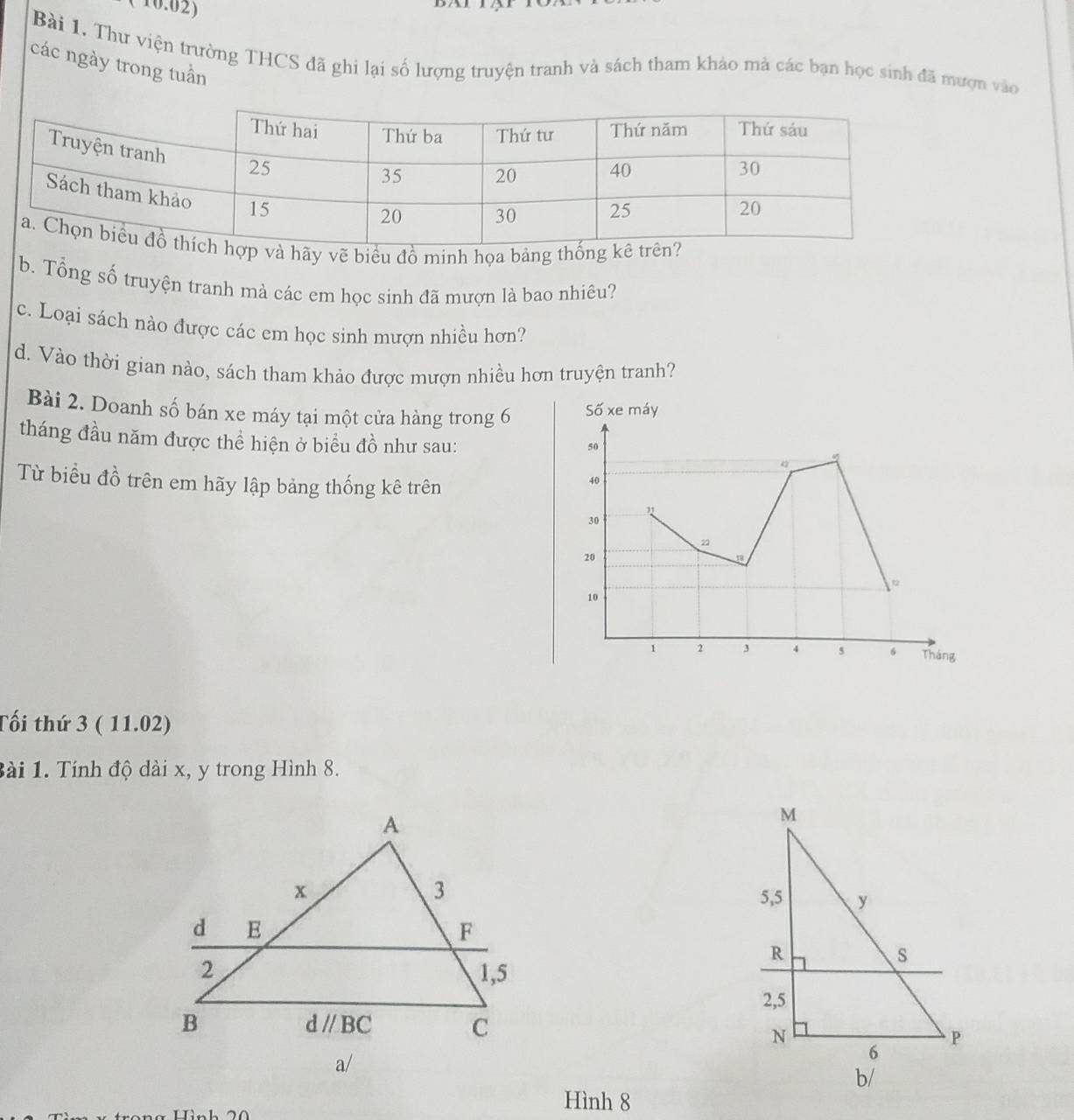 (10.02)
Bài 1. Thư viện trường THCS đã ghi lại số lượng truyện tranh và sách tham khảo mả các bạn học sinh đã mượn vào
các ngày trong tuần
hãy vẽ biểu đồ minh họa bảng thốn
b. Tổng số truyện tranh mà các em học sinh đã mượn là bao nhiêu?
c. Loại sách nào được các em học sinh mượn nhiều hơn?
d. Vào thời gian nào, sách tham khảo được mượn nhiều hơn truyện tranh?
Bài 2. Doanh số bán xe máy tại một cửa hàng trong 6 Số xe máy
tháng đầu năm được thể hiện ở biểu đồ như sau:
50
Từ biểu đồ trên em hãy lập bảng thống kê trên
40
30
2
20
10
。
10
1 2 3 4 6 Tháng
Tối thứ 3 ( 11.02)
Bài 1. Tính độ dài x, y trong Hình 8.
a/
Hình 8