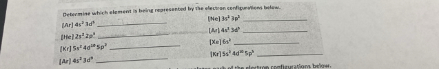 Determine which element is being represented by the electron configurations below. 
[Ne] 3s^23p^2 _
[Ar]4s^23d^5
_ 
[Ar] 4s^23d^5 _
[He]2s^22p^3
_ 
[Xe] 6s^2 _
[Kr]5s^24d^(10)5p^2 _ 
_ [Kr]5s^24d^(10)5p^5
_ [Ar]4s^23d^9
of the electron configurations below.