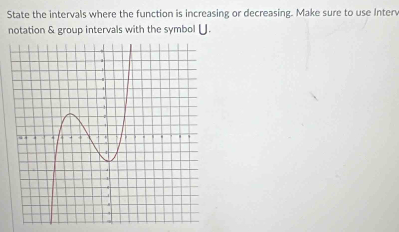 State the intervals where the function is increasing or decreasing. Make sure to use Interv 
notation & group intervals with the symbol ∪.