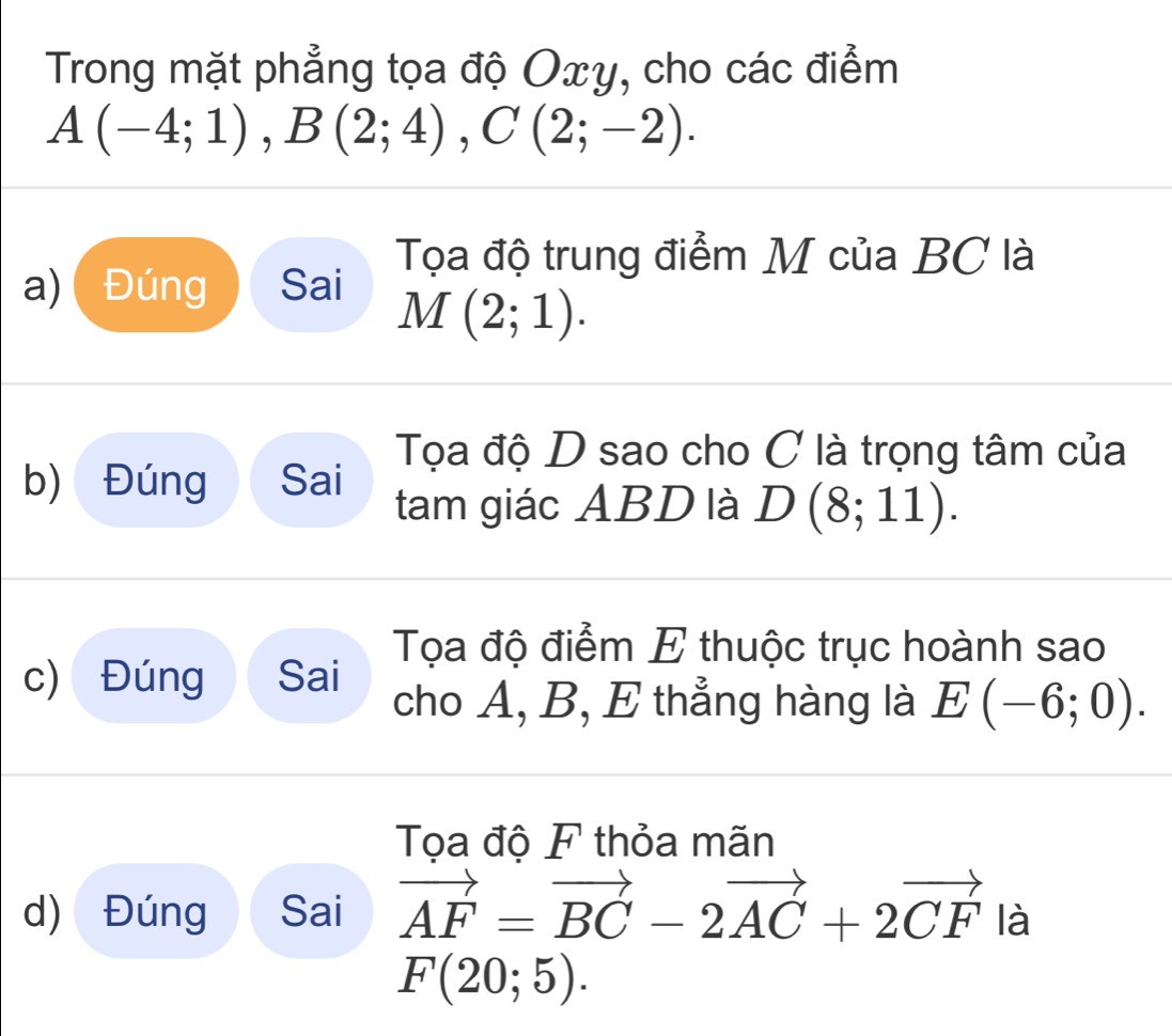 Trong mặt phẳng tọa độ Oxy, cho các điểm
A(-4;1), B(2;4), C(2;-2). 
a) Đúng Sai Tọa độ trung điểm M của BC là
M(2;1). 
Tọa độ D sao cho C là trọng tâm của 
b) Đúng Sai tam giác ABD là D(8;11). 
Tọa độ điểm E thuộc trục hoành sao 
c) Đúng Sai 
cho A, B, E thẳng hàng là E(-6;0). 
Tọa độ F thỏa mãn 
d) Đúng Sai vector AF=vector BC-2vector AC+2vector CF là
F(20;5).