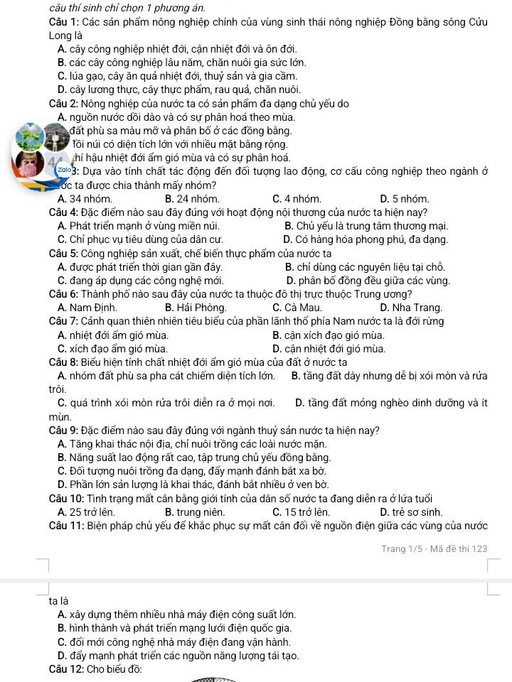 câu thí sinh chỉ chọn 1 phương án.
Câu 1: Các sản phẩm nông nghiệp chính của vùng sinh thái nông nghiệp Đồng bằng sông Cửu
Long là
A. cây công nghiệp nhiệt đới, cận nhiệt đới và ôn đới.
B. các cây công nghiệp lâu năm, chăn nuôi gia sức lớn.
C. lúa gạo, cây ăn quả nhiệt đới, thuỷ sản và gia cầm.
D. cây lương thực, cây thực phẩm, rau quả, chăn nuôi.
Câu 2: Nông nghiệp của nước ta có sản phẩm đa dạng chủ yếu do
A. nguồn nước dồi dào và có sự phân hoá theo mùa.
đất phù sa màu mỡ và phân bố ở các đồng bằng.
Tồi núi có diện tích lớn với nhiều mặt bằng rộng.
4 khí hậu nhiệt đới ẩm gió mùa và có sự phân hoá.
*3: Dựa vào tính chất tác động đến đối tượng lao động, cơ cấu công nghiệp theo ngành ở
ớc ta được chia thành mấy nhóm?
A. 34 nhóm. B. 24 nhóm. C. 4 nhóm. D. 5 nhóm.
Câu 4: Đặc điểm nào sau đây đúng với hoạt động nội thương của nước ta hiện nay?
A. Phát triển mạnh ở vùng miền núi. B. Chủ yếu là trung tâm thương mại.
C. Chỉ phục vụ tiêu dùng của dân cư. D. Có hàng hóa phong phú, đa dạng.
Câu 5: Công nghiệp sản xuất, chế biến thực phẩm của nước ta
A. được phát triển thời gian gần đây. B. chỉ dùng các nguyên liệu tại chỗ.
C. đang áp dụng các công nghệ mới. D. phân bố đồng đều giữa các vùng.
Câu 6: Thành phố nào sau đây của nước ta thuộc đô thị trực thuộc Trung ương?
A. Nam Định. B. Hải Phòng. C. Cà Mau. D. Nha Trang.
Câu 7: Cảnh quan thiên nhiên tiêu biểu của phần lãnh thổ phía Nam nước ta là đới rừng
A. nhiệt đới ẩm gió mùa. B. cận xích đạo gió mùa.
C. xích đạo ẩm gió mùa. D. cận nhiệt đới gió mùa.
Câu 8: Biểu hiện tính chất nhiệt đới ẩm gió mùa của đất ở nước ta
A. nhóm đất phù sa pha cát chiếm diện tích lớn.  B. tầng đất dày nhưng dễ bị xói mòn và rửa
trôi.
C. quá trình xói mòn rửa trôi diễn ra ở mọi nơi.  D. tầng đất mỏng nghèo dinh dưỡng và ít
mùn.
Câu 9: Đặc điểm nào sau đây đúng với ngành thuỷ sản nước ta hiện nay?
A. Tăng khai thác nội địa, chỉ nuôi trồng các loài nước mặn.
B. Năng suất lao động rất cao, tập trung chủ yếu đồng bằng.
C. Đối tượng nuôi trồng đa dạng, đẩy mạnh đánh bắt xa bờ.
D. Phần lớn sản lượng là khai thác, đánh bắt nhiều ở ven bờ.
Câu 10: Tình trạng mất cân bằng giới tính của dân số nước ta đang diễn ra ở lứa tuổi
A. 25 trở lên. B. trung niên. C. 15 trở lên. D. trẻ sơ sinh.
Câu 11: Biện pháp chủ yếu để khắc phục sự mất cân đối về nguồn điện giữa các vùng của nước
Trang 1/5 - Mã đề thi 123
ta là
A. xây dựng thêm nhiều nhà máy điện công suất lớn.
B. hình thành và phát triển mạng lưới điện quốc gia.
C. đối mới công nghệ nhà máy điện đang vận hành.
D. đẩy mạnh phát triển các nguồn năng lượng tái tạo.
Câu 12: Cho biểu đồ: