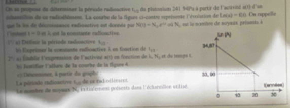 On se peopose de déterminer la période radioactive t_10 du plutonium 241 94Pu à partir de l'activité a(t)d' an
échantillion de ce radioélèment. La courbe de la figare ci-contre représente l'évolation de Ln(a)=f(t). On eappelle
que la loi de décroissance radioactive est donnée par N(t)=N_0e^(-kt) où N , est le nombre de noyaux présents à
lestant 1-0a est la constante radioactive.
1° ( Définir la période radioactive t_10
b) Exprimer la constante radioactive λ en fonction de 1_10
2^4(x) litablir l'expression de l'activité a(t) n fonction de λ, N_3 et du temps t
b) Justifier l'allure de la courbe de la figure 4
c) Desermmer, à partir du graphc : 
La période radioactive t_10 de ce radioélément
Le nombre de moyuax N, initialement présents dans l'échansillon utilisé.