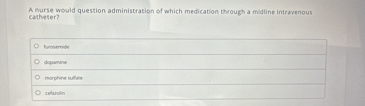 A nurse would question administration of which medication through a midline intravenous
catheter?
furosemide
dopamine
morphine sulfate
cefazolin