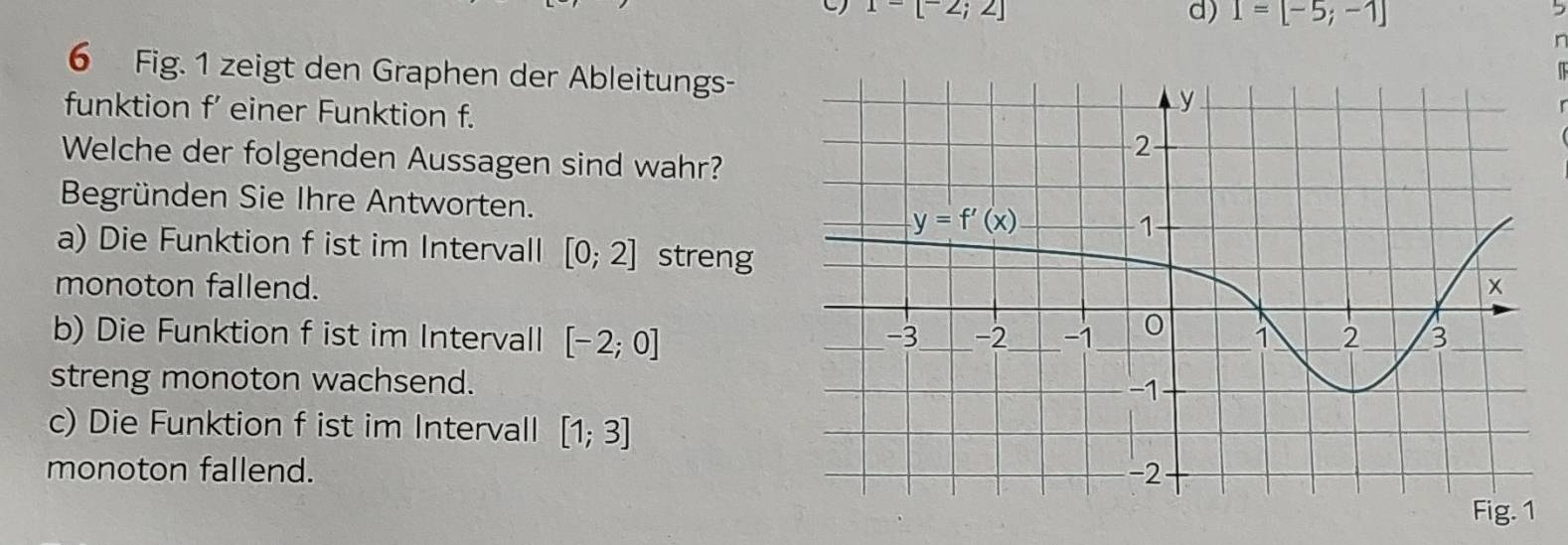 x-[^-2;2]
d) I=[-5;-1]
6 Fig. 1 zeigt den Graphen der Ableitungs-
funktion f' einer Funktion f.
Welche der folgenden Aussagen sind wahr?
Begründen Sie Ihre Antworten.
a) Die Funktion f ist im Intervall [0;2] streng
monoton fallend.
b) Die Funktion f ist im Intervall [-2;0]
streng monoton wachsend.
c) Die Funktion f ist im Intervall [1;3]
monoton fallend. 
Fig. 1