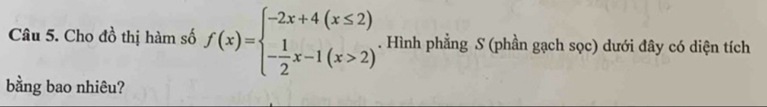 Cho đồ thị hàm số f(x)=beginarrayl -2x+4(x≤ 2) - 1/2 x-1(x>2)endarray.. Hình phẳng S (phần gạch sọc) dưới đây có diện tích 
bằng bao nhiêu?