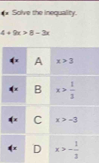 Solve the inequality.
4+9x>8-3x