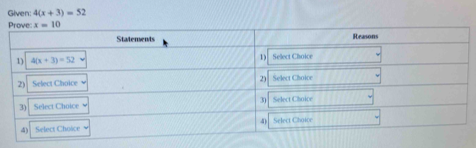 Given: 4(x+3)=52