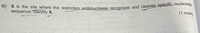 iii) S is the site where the restriction endonuclease recognizes and cleaves specific nucleotide 
sequence. Identify S. 
(1 mark)