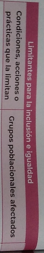 Limitantes para la inclusión e igualdad 
Condiciones, acciones o 
prácticas que la limitan Grupos poblacionales afectados