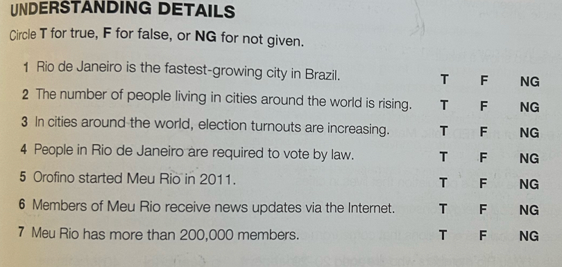 UNDERSTANDING DETAILS
Circle T for true, F for false, or NG for not given.
1 Rio de Janeiro is the fastest-growing city in Brazil. T F NG
2 The number of people living in cities around the world is rising. T F NG
3 In cities around the world, election turnouts are increasing. T F NG
4 People in Rio de Janeiro are required to vote by law. T F NG
5 Orofino started Meu Rio in 2011. T F NG
6 Members of Meu Rio receive news updates via the Internet. T F NG
T
7 Meu Rio has more than 200,000 members. F NG