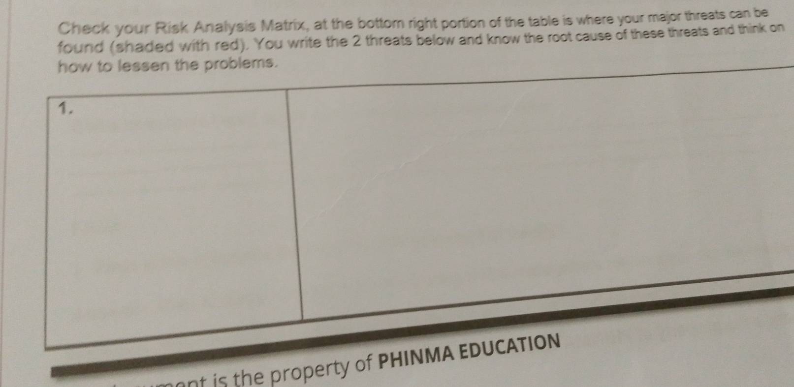 Check your Risk Analysis Matrix, at the bottom right portion of the table is where your major threats can be 
found (shaded with red). You write the 2 threats below and know the root cause of these threats and think on 
roblems. 
nt is the property