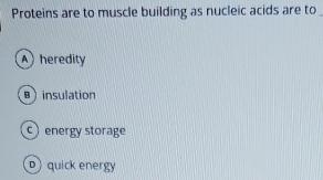 Proteins are to muscle building as nucleic acids are to_
A heredity
Binsulation
c) energy storage
quick energy