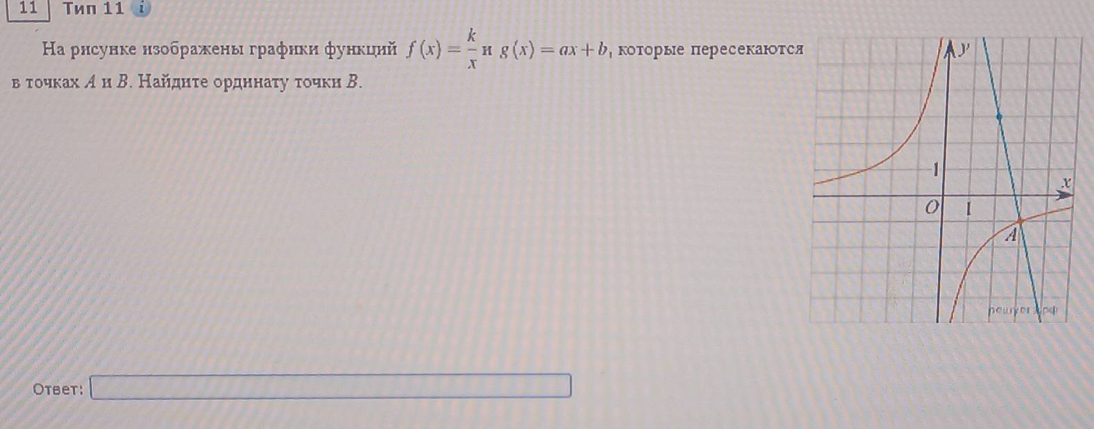 Tиπ 11 
Ηa рнсунке нзображены графнки φункцнй f(x)= k/x π g(x)=ax+b , коΤорые пересекаютс 
в τοчκах Аи Β. Найдητе ордннаτу τοчκη Β. 
Otвеt: □