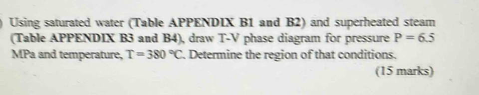 Using saturated water (Table APPENDIX B1 and B2) and superheated steam 
(Table APPENDIX B3 and B4), draw T-V phase diagram for pressure P=6.5
MPa and temperature, T=380°C. Determine the region of that conditions. 
(15 marks)