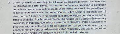 Una empresa de acero trabaja las 24 horas del día para producir 1500 toneladas 
de planchas de acero diarias. Para el mes de Enero se programó la instalación 
de un horno nuevo para este proceso. Dicho horo demoro 3 días para llegar a 
la temperatura necesaria. La producción se realizó según lo esperado por 18
días, pero el 21 de Enero se detectó que 8640toneladas no calificaban con el 
tamaño estándar. Por lo que se realizó una parada de 1 día para determinar y 
solucionar la máquina que estaba causando el problema. Pero al solucionar el 
problema rápidamente con el fin de cumplr con los pedidos de enero, y no 
apagar el horno ya que este demoraría 2 días en apagar y dos días en encender, 
la producción disminuyo producióndose 1 227 toneladas diarias.