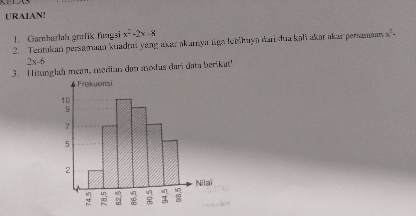 KELAS 
URAIAN! 
1. Gambarlah grafik fungsi x^2-2x-8
2. Tentukan persamaan kuadrat yang akar akarnya tiga lebihnya dari dua kali akar akar persamaan x^2-
2x-6
3. Hitunglah mean, median dan modus dari data berikut!