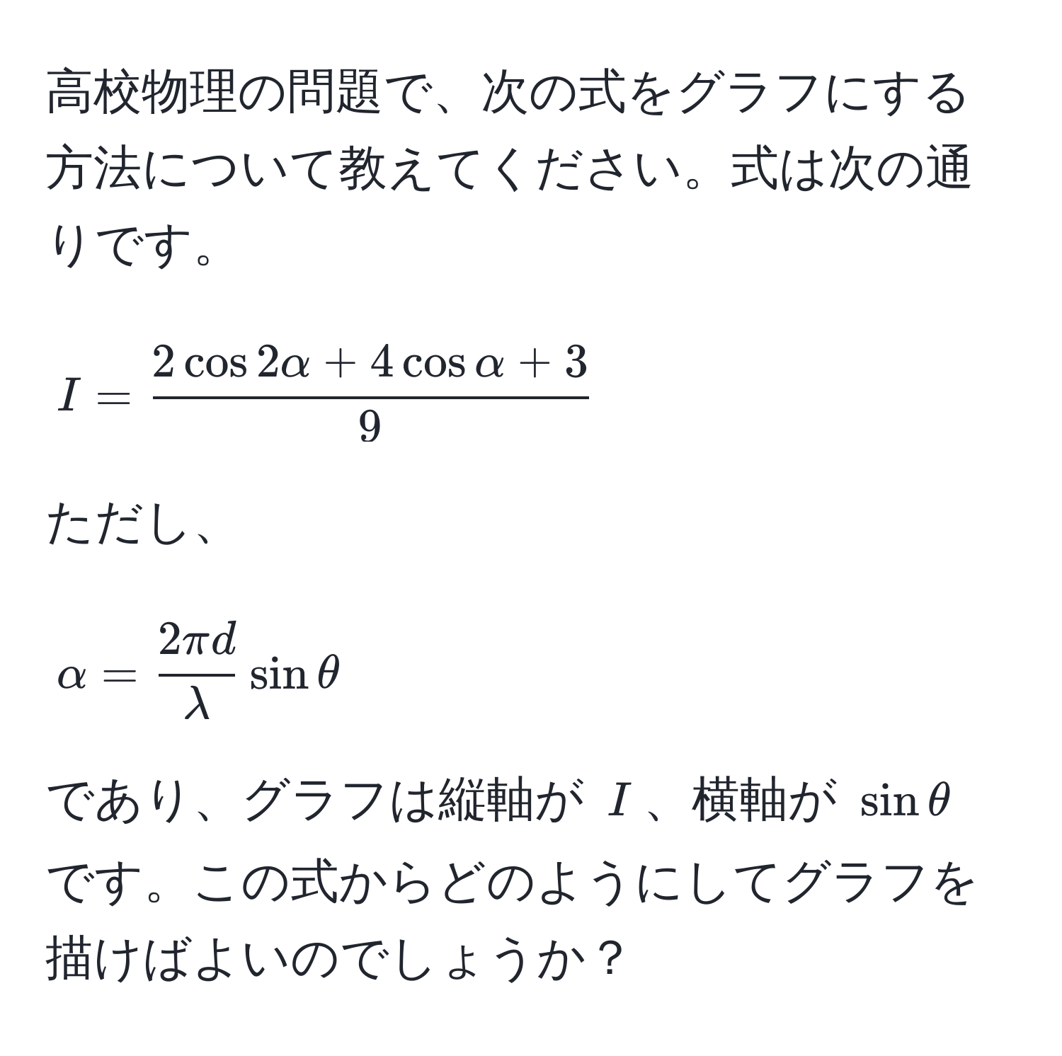 高校物理の問題で、次の式をグラフにする方法について教えてください。式は次の通りです。  
[ I =  (2 cos 2alpha + 4 cos alpha + 3)/9  ]  
ただし、  
[ alpha =  2π d/lambda  sin θ ]  
であり、グラフは縦軸が $I$、横軸が $sin θ$ です。この式からどのようにしてグラフを描けばよいのでしょうか？