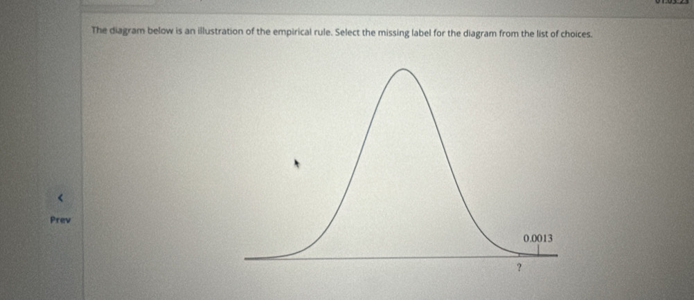 The diagram below is an illustration of the empirical rule. Select the missing label for the diagram from the list of choices. 
Prev