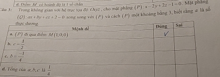 d. Điểm M có hoành đó là 1 số chẵn
Cân 3:  Trong không gian với hệ trục tọa độ Oxyz , cho mặt phẳng (P):x-2y+2z-1=0. Mặt pháng
(Q):ax+by+cz+2=0 song song với (P) và cách (P) một khoảng bằng 3, biểt rằng # là số
d