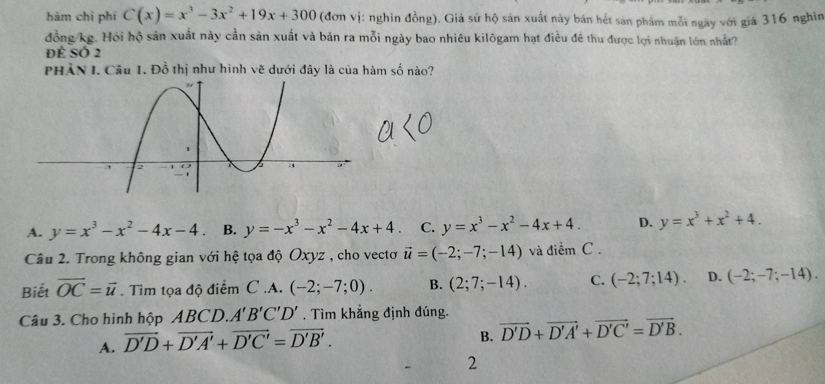 hàm chi phí C(x)=x^3-3x^2+19x+300 (đơn vị: nghìn đồng). Giả sử hộ sản xuất này bán hết sản phảm mỗi ngày với giá 316 nghìn
đồng kg. Hội hộ sản xuất này cần sản xuất và bán ra mỗi ngày bao nhiêu kilôgam hạt điều đề thu được lợi nhuận lớn nhất?
Đề SÓ 2
PHẢN I. Câu 1. Đồ thị như hình vẽ dưới đây là của hàm số nào?
A. y=x^3-x^2-4x-4 B. y=-x^3-x^2-4x+4 C. y=x^3-x^2-4x+4.
D. y=x^3+x^2+4. 
Câu 2. Trong không gian với hệ tọa độ Oxyz , cho vectơ vector u=(-2;-7;-14) và điểm C .
Biết vector OC=vector u. Tìm tọa độ điểm C.A. (-2;-7;0). B. (2;7;-14).
C. (-2;7;14). D. (-2;-7;-14). 
Câu 3. Cho hình hộp ABCD.. A'B'C'D'. Tìm khẳng định đúng.
A. vector D'D+vector D'A'+vector D'C'=vector D'B'.
B. vector D'D+vector D'A'+vector D'C'=vector D'B. 
2