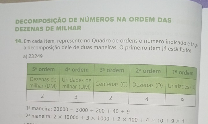 DECOMPOSIÇÃO DE NÚMEROS NA ORDEM DAS
DEZENAS DE MILHAR
14. Em cada item, represente no Quadro de ordens o número indicado e faça
a decomposição dele de duas maneiras. O primeiro item já está feito!
a) 23 249
eira: 20000+3000+200+40+9
2^a maneira: 2* 10000+3* 1000+2* 100+4* 10+9* 1