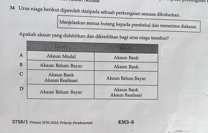 Urus niaga berikut diperoleh daripada sebuah perkongsian semasa dibubarkan. 
Menjelaskan semua hutang kepada pembekal dan menerima diskaun. 
Apakah akaun yang didebitkan dan dikreditkan bagi urus niaga tersebut? 
3756/1 Firasat SPM 2023: Prinsip Perakaunan KM3-8