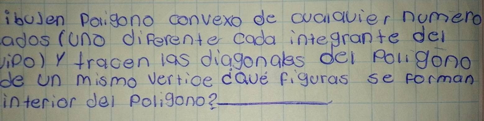 ibusen Porigono convero de cuclavier numero 
adosfuno diferenter cada integranfe del 
vipo) Y fracen las diagongles dei Rolgono 
de un mismo vertice dave figuras se Forman 
interior del poligono?_