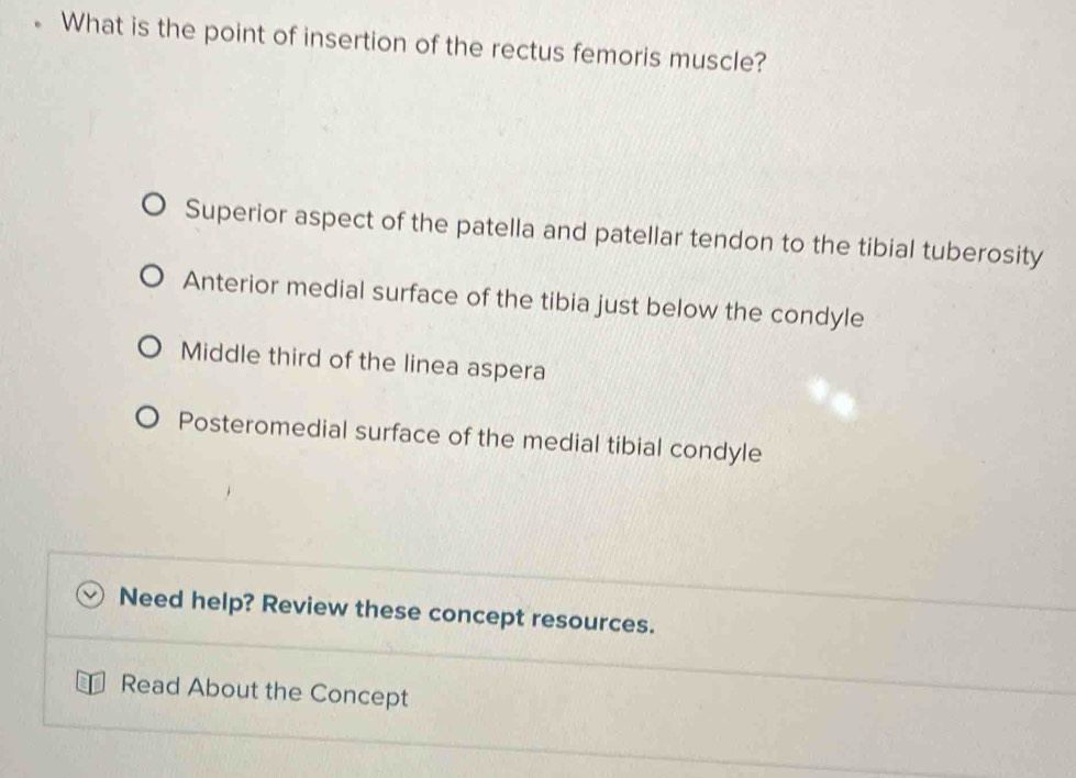 What is the point of insertion of the rectus femoris muscle?
Superior aspect of the patella and patellar tendon to the tibial tuberosity
Anterior medial surface of the tibia just below the condyle
Middle third of the linea aspera
Posteromedial surface of the medial tibial condyle
Need help? Review these concept resources.
Read About the Concept