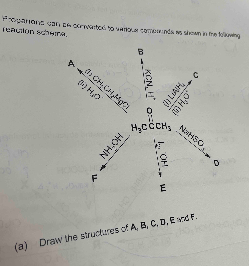 Propanone can be converted to various compounds as shown in the following 
reaction scheme. 
B 
A 
(i) frac ((i)LiMH_4)^+(inH_3)^-10^((inH_2))^-3
CH_3CH_2MgCl
C 
(ii) H_3O
1H_2CH beginarrayr a c 0· 2xx^(c^5)endarray  N 
2 IaHSO_3
lambda
D
F
E
(a) Draw the structures of A, B, C, D, E and F.