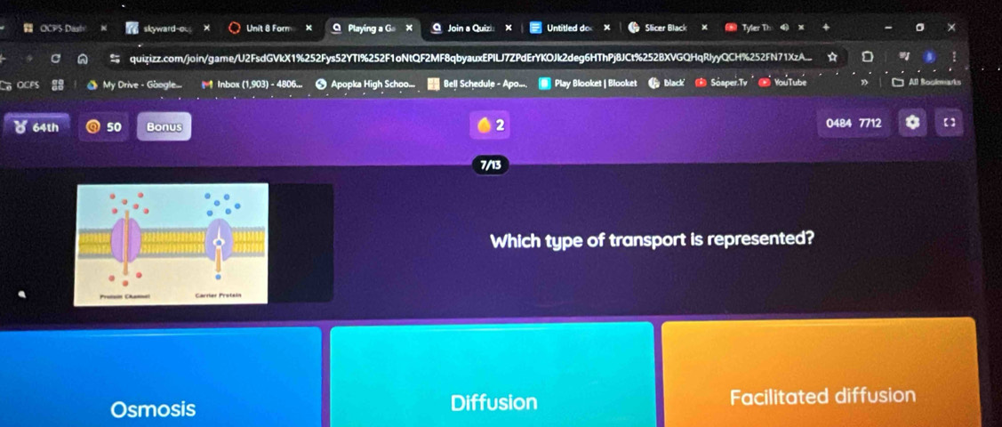 OCPS Dash skyward-ou Unit 8 Form x Playing a G Q Join a Quizi Untitled do Slicer Black Tyler Th
quizizz.com/join/game/U2FsdGVkX1%252Fys52YTI%252F1oNtQF2MF8qbyauxEPILJ7ZPdErYKOJk2deg6HThPj8JCt%252BXVGQHqRIyyQCH%252FN71XzA.. *
ace My Drive - Gbogle... * 1 Inbox (1,903) - 4806.. ● Apopka High Schoo... Bell Schedule - Apo... Play Blooket | Blooket black Sóaper.Tv YouTube All Bookmarks
2
8 64th 50 Bonus 0484 7712
7/13
Which type of transport is represented?
Osmosis Diffusion Facilitated diffusion
