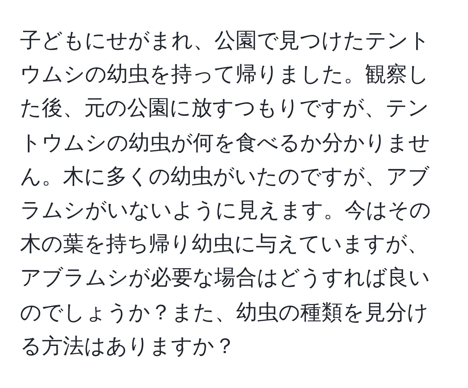 子どもにせがまれ、公園で見つけたテントウムシの幼虫を持って帰りました。観察した後、元の公園に放すつもりですが、テントウムシの幼虫が何を食べるか分かりません。木に多くの幼虫がいたのですが、アブラムシがいないように見えます。今はその木の葉を持ち帰り幼虫に与えていますが、アブラムシが必要な場合はどうすれば良いのでしょうか？また、幼虫の種類を見分ける方法はありますか？