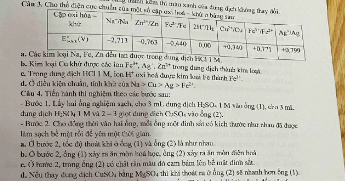 Dùng thành kêm thì màu xanh của dung
Câu 3. Cho thế điện cực chuẩn c
a.
b. Kim loại Cu khử được các ion Fe^(3+),Ag^+,Zn^(2+) trong dung dịch thành kim loại.
c. Trong dung dịch HCl 1 M, ion H^+ * oxi hoá được kim loại Fe thành Fe^(3+).
d. Ở điều kiện chuẩn, tính khử của Na>Cu>Ag>Fe^(2+).
Câu 4. Tiến hành thí nghiệm theo các bước sau:
- Bước 1. Lấy hai ống nghiệm sạch, cho 3 mL dung dịch H_2SO_4 1M vào ống (1), cho 3 mL
dung dịch H_2SO_41 M và 2 - 3 giọt dung dịch CuSO_4 vào ong(2).
- Bước 2. Cho đồng thời vào hai ống, mỗi ống một đinh sắt có kích thước như nhau đã được
làm sạch bề mặt rồi đề yên một thời gian.
a. O bước 2, tốc độ thoát khí ở ống (1) và ống (2) là như nhau.
b. 1) Ở bước 2, ống (1) xảy ra ăn mòn hoá học, ống (2) xảy ra ăn mòn điện hoá.
c. 0 bước 2, trong ống (2) có chất rắn màu đỏ cam bám lên bề mặt đinh sắt.
d. Nếu thay dung dịch Cu SO_4 bằng MgSO_4 thì khí thoát ra ở ổng (2) sẽ nhanh hơn ống (1).