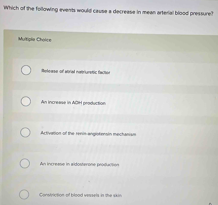 Which of the following events would cause a decrease in mean arterial blood pressure?
Multiple Choice
Release of atrial natriuretic factor
An increase in ADH production
Activation of the renin-angiotensin mechanism
An increase in aldosterone production
Constriction of blood vessels in the skin